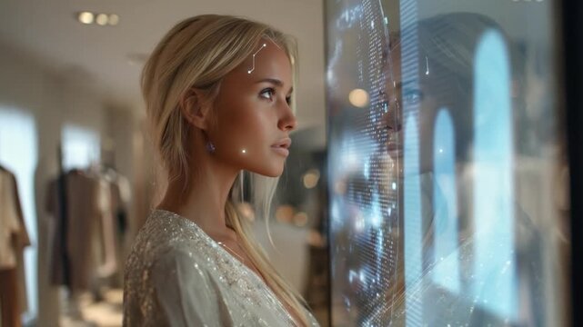 Beautiful female luxury AI fashion mogul previews smart couture mirror