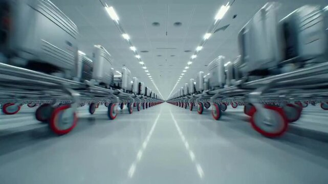 Long symmetrical corridor filled with endless rows of silver suitcases on trolleys with red wheels, creating a futuristic and organized transport system.