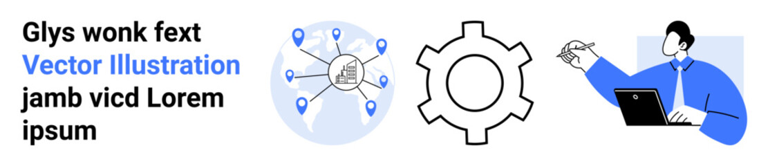 Network with location points, gear for process concepts, and person using laptop in abstract modern style. Ideal for technology, workflow, collaboration, remote work, globalization, productivity