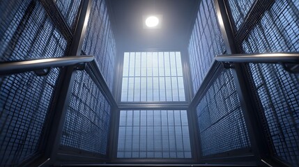 Modern industrial staircase interior with metal cages and misty atmospheric lighting