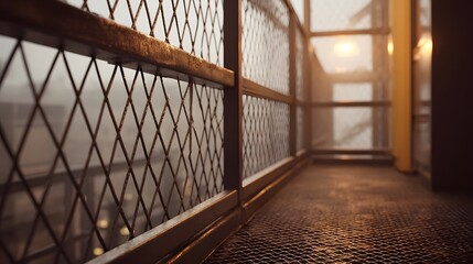 Atmospheric industrial metal walkway with diamond mesh railing and a hazy background