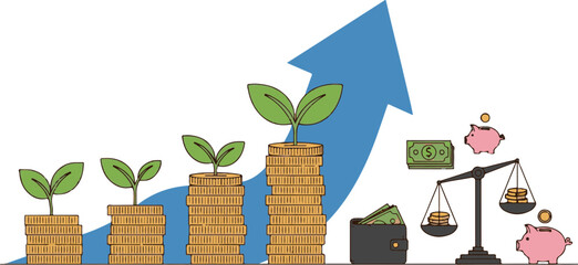 Financial Growth and Investment Concept with Stacks of Coins and Growing Plants.