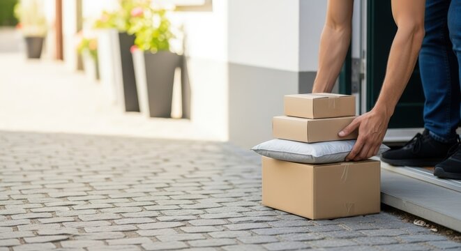 Delivery person placing stacked cardboard boxes and a small parcel on doorstep, showcasing the convenience of home delivery and the importance of courier services in modern life