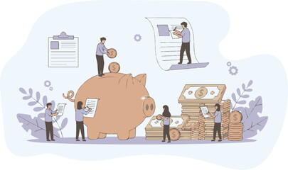 People saving money in a piggy bank with stacks of cash.