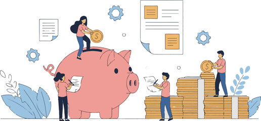 People saving money in a piggy bank and stacks of coins.