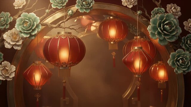 Luxurious golden framed display of illuminated red Chinese lanterns surrounded by beautiful jade and cream peony flowers perfect for Asian celebration backgrounds