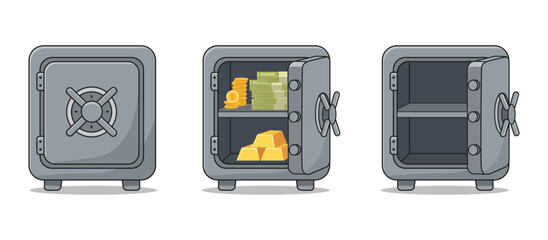 Set of metal safe boxes with closed door, opened door with gold bars and bank notes, empty vault storage