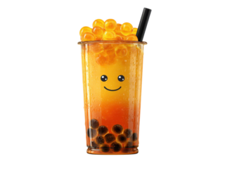 Orange bubble tea with smiley face and tapioca pearls drink beverage, Isolated, Png Transparent Background