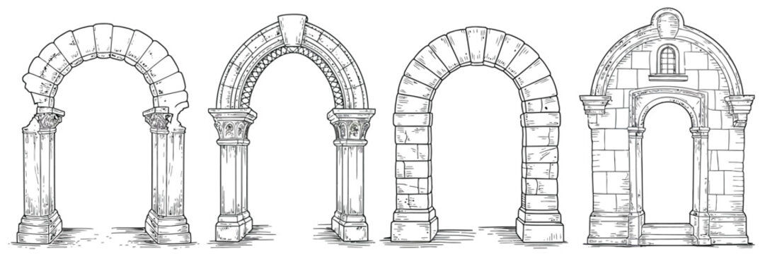 Stone Arch Frame Illustration Featuring Fantasy Portal Doorway And Medieval Ruin Architecture In Detailed Engraved Ink Style