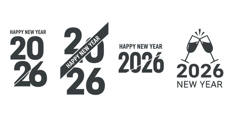 Fototapeta premium Bold new year 2026 typography with champagne glasses and festive design elements.