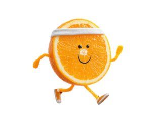 Cheerful orange slice character with headband running fruit fitness, Isolated, Png Transparent Background