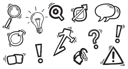 Obraz premium Hand drawn business doodles with light bulb magnifier exclamation point