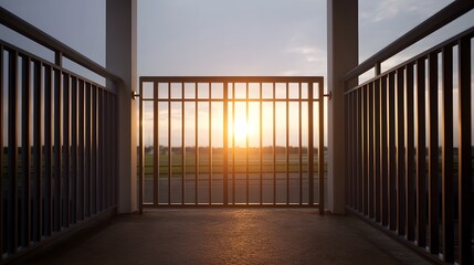Naklejka premium Sunset seen through a metal gate with vertical bars flanked by railings on a walkway during golden hour