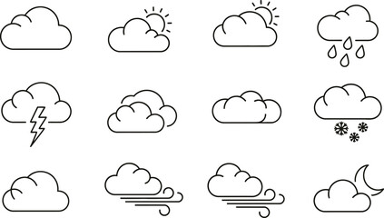 Weather icons set in outline style . Rainy, storm, snow, cloudy, sunny, windy, day, night, summer, winter, line, label and more 