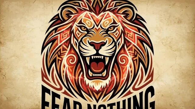 A fierce lion roars with powerful tribal art patterns on its mane.