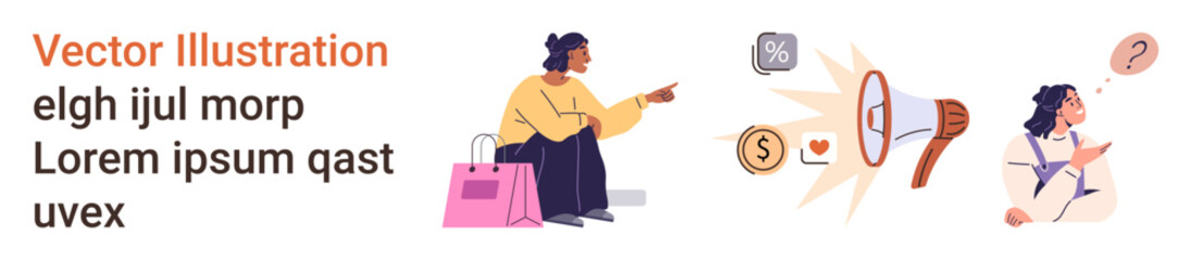 Shopping, customer service, marketing, communication, strategy, feedback. Customer holding bags, interacting. Marketing and communication through megaphone and customer interaction