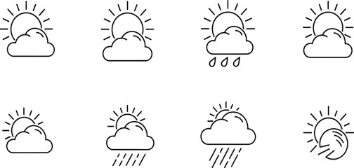 Weather icons set in outline style . Rainy, storm, snow, cloudy, sunny, windy, day, night, summer, winter, line, label and more 
