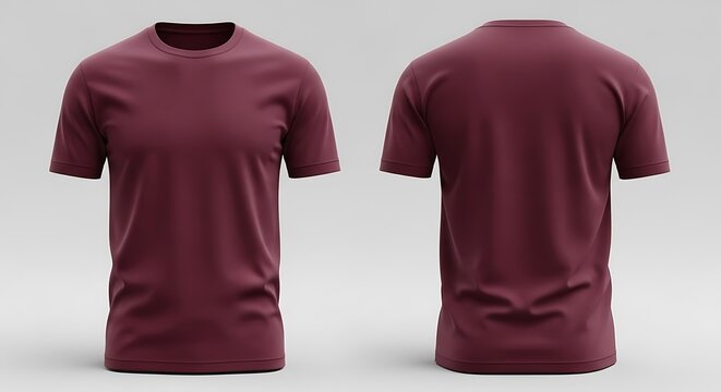 Blank maroon tshirt mockup, front and back view, perfect for showcasing custom designs, branding, or product photography on a neutral background
