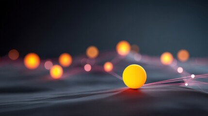 Abstract depiction of glowing spheres on a dark background with flowing lines and soft lights conveying modern technology and scientific innovation