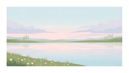Serene pastel landscape illustration with tranquil lake and gentle hills