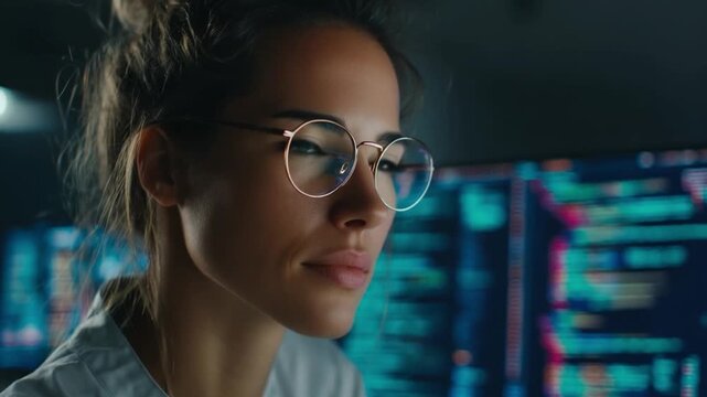 A beautiful female expert studies clean-code visualization inside a brightly lit analysis room, showcasing the intricacies of malware reverse-engineering.