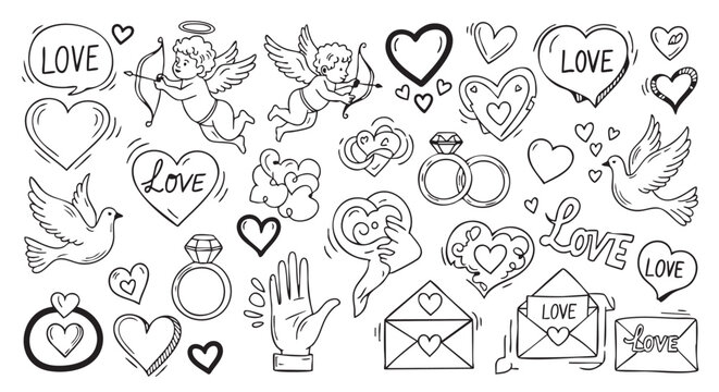 Romantic Valentines Day Doodle Elements Collection Vector Illustration Design Set