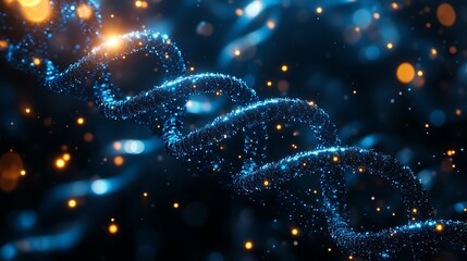 Abstract dna double helix on dark blue background with glowing particles and bokeh effect