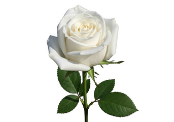 Fototapeta premium A single white rose with green leaves, isolated on a transparent background