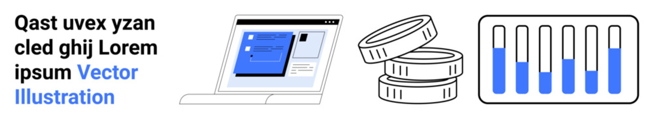 Laptop showing a dashboard, stacked coins symbolizing finance, and a bar chart highlighting results. Ideal for finance, analytics, technology, business planning, strategy, investment simple landing