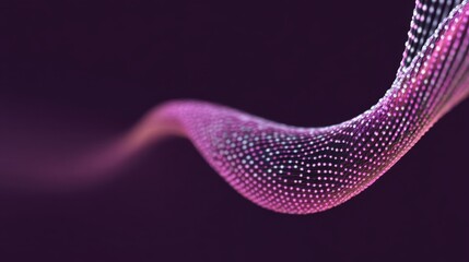 Colorful flowing wave of particles in purple background, representing digital technology, data visualization, and abstract motion illustration.