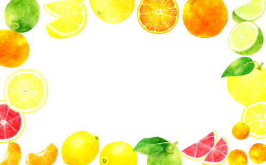 フレッシュな柑橘類のフレーム　果物の手描き水彩イラスト素材