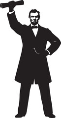 Silhouette of abraham lincoln holding a scroll aloft in a formal suit