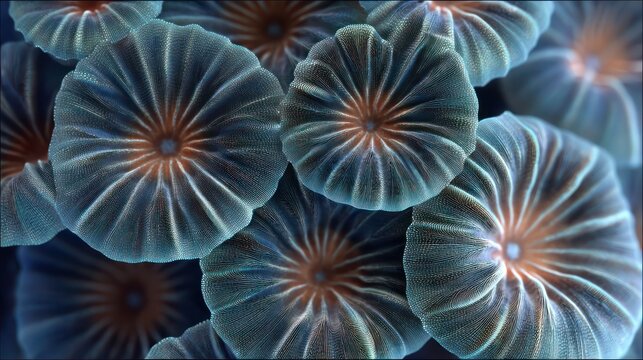 Seamless composition of coral polyps arranged into symmetrical geometry sharp ultra-detailed with accurate shadows enhancing texture Background uncluttered