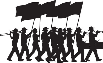 Silhouette of a marching band with flags and drums