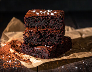 Rich Dark Chocolate Brownie Stack with Bite Taken on Crumpled Paper