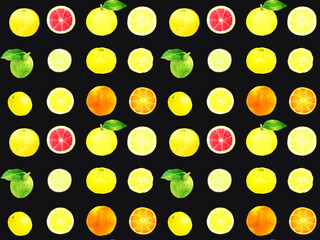 フレッシュな柑橘類のシームレスパターン　手描き水彩イラストの果物柄