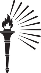 Black silhouette of a flaming torch emitting light rays on a white background