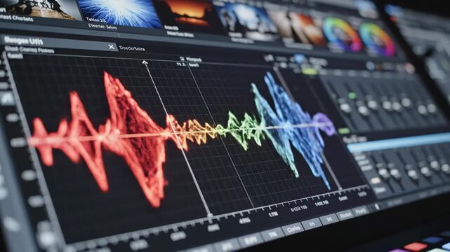 Digital audio waveform display on professional mixing console with colorful equalizer