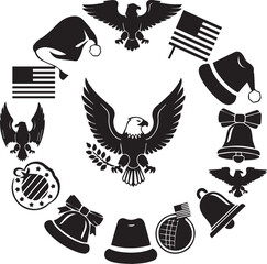 Circular arrangement of patriotic american symbols and holiday elements