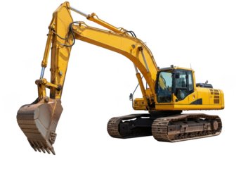 A yellow excavator with a large bucket is isolated on a transparent background, ready for construction work