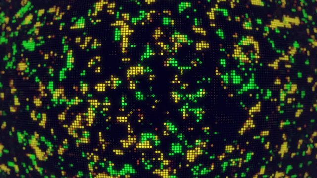 Futuristic digital technology blinking dots loop motion background. Hi-tech motion graphic background with yellow and green flickering dots on dark blue background