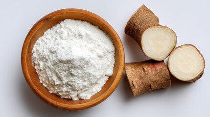 Cassava flour in a wooden bowl with fresh cassava root slices on white background, natural gluten-free baking ingredient