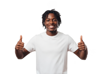 Young black man with dreadlocks wearing a white tshirt, smiling and giving two thumbs up, isolated on transparent background