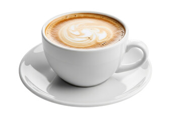 Obraz premium A delicious cup of cappuccino with latte art on a white saucer, isolated on transparent background