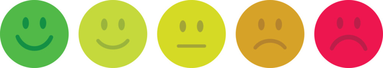 Rating Emoji Icon set. Vector cartoon smiley face collection. Emoticon pack for customer feedback, mood, and emotion. Feedback emoticons collection. Excellent, good, average, poor, bad emoji icons.