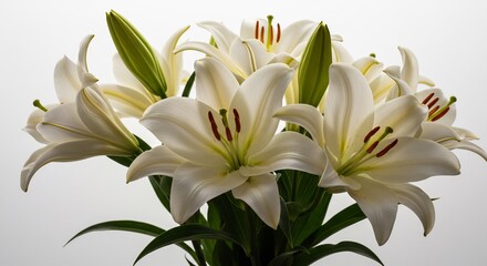 Obraz premium Brightly illuminated white lilies fresh elegant blooms vibrant petals gracefully presented against a soft clean backdrop. AI Generated