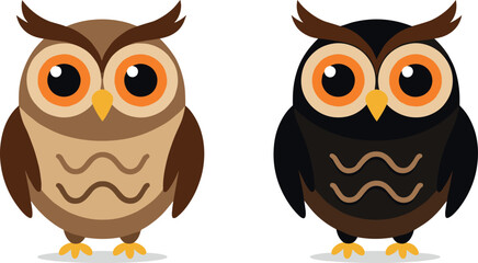 Cute Cartoon Owl Vector Illustrations in Brown and Black Colors, Perfect for Education, Nature Logos, Kids Books, and Mascot Design.
