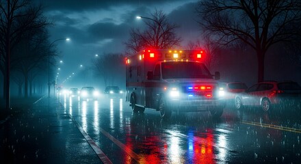 Ambulance driving on the road at night dramatic view