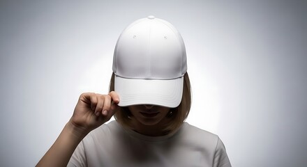 A person wearing a plain white baseball cap, face obscured by the brim, creating a sense of anonymity and mystery against a grey studio background