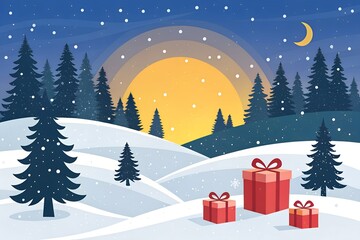 Snowy winter landscape with pine trees and christmas presents at sunset